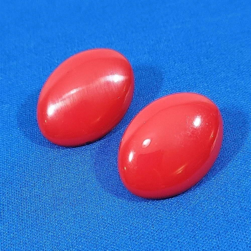 Vintage 80s Earrings Red Enamel Oval Dot Oversized‎ Statement Pierced Posts